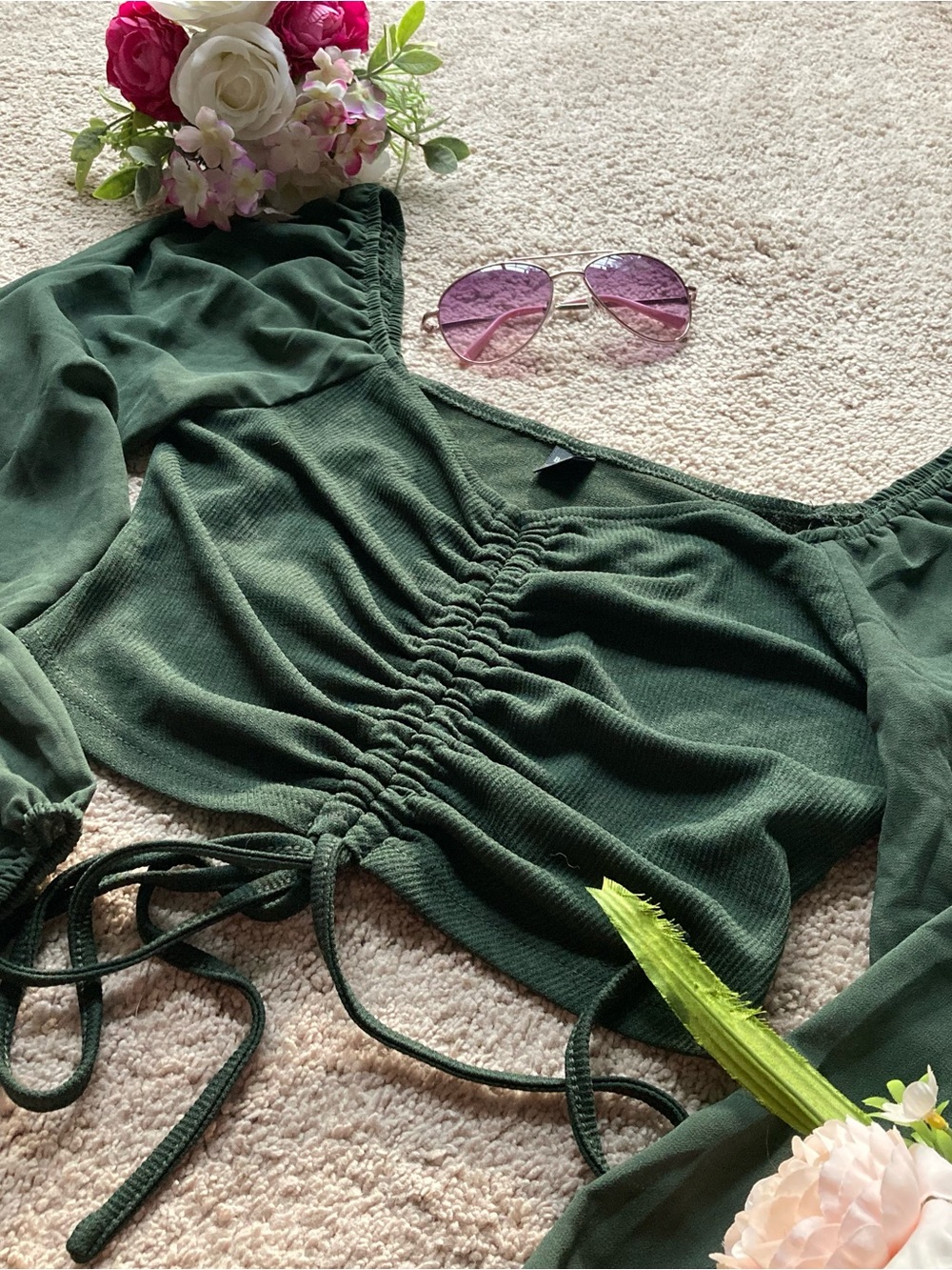Ruched Forest Green Long Sleeve Off-Shoulder Top